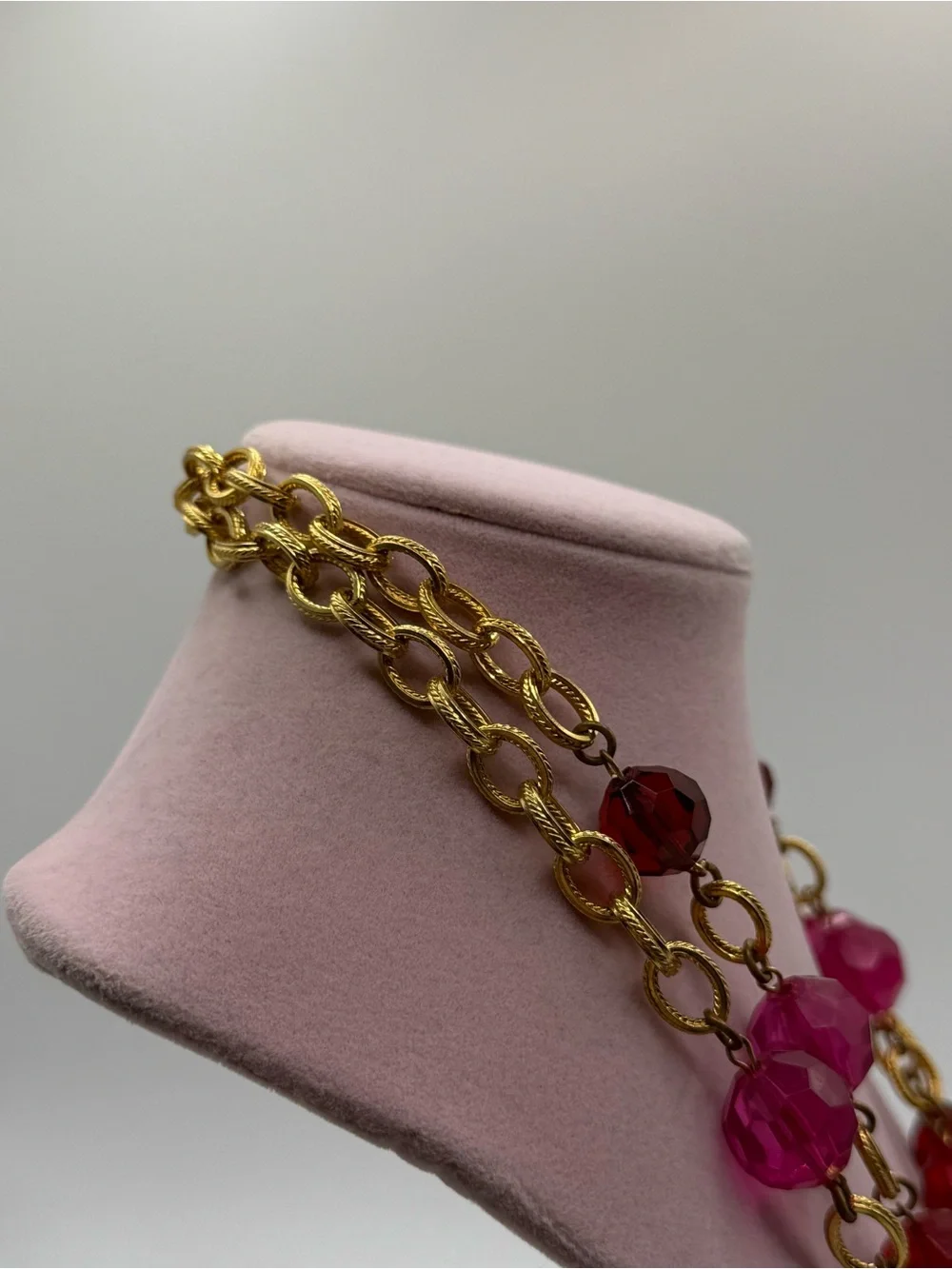 Double layered Gold Chain Necklace with Pink and Red Faceted Beads